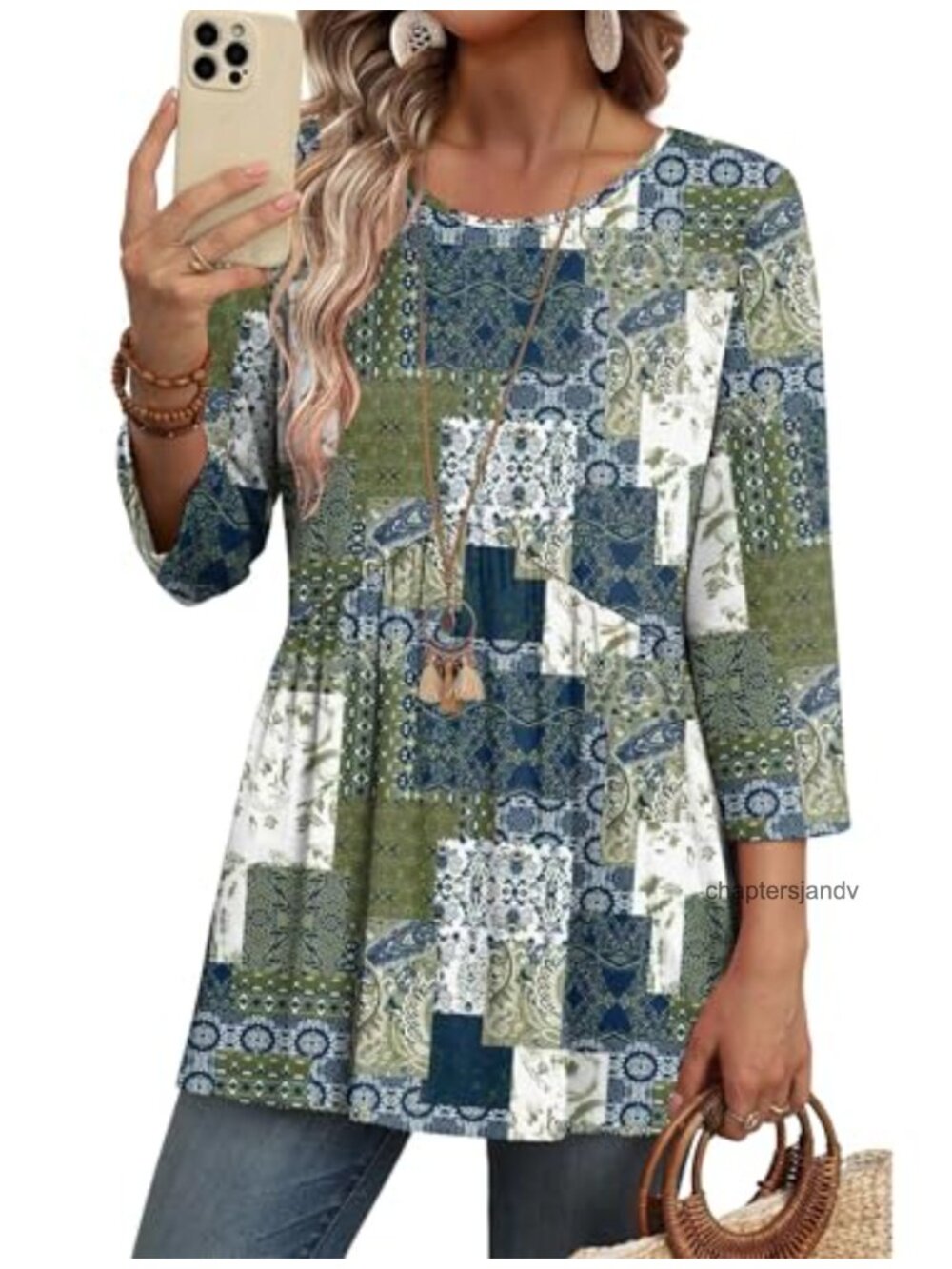 Women's 3/4 Sleeve Babydoll Tunic Top Flowy Peplum Blouse Dressy Casual